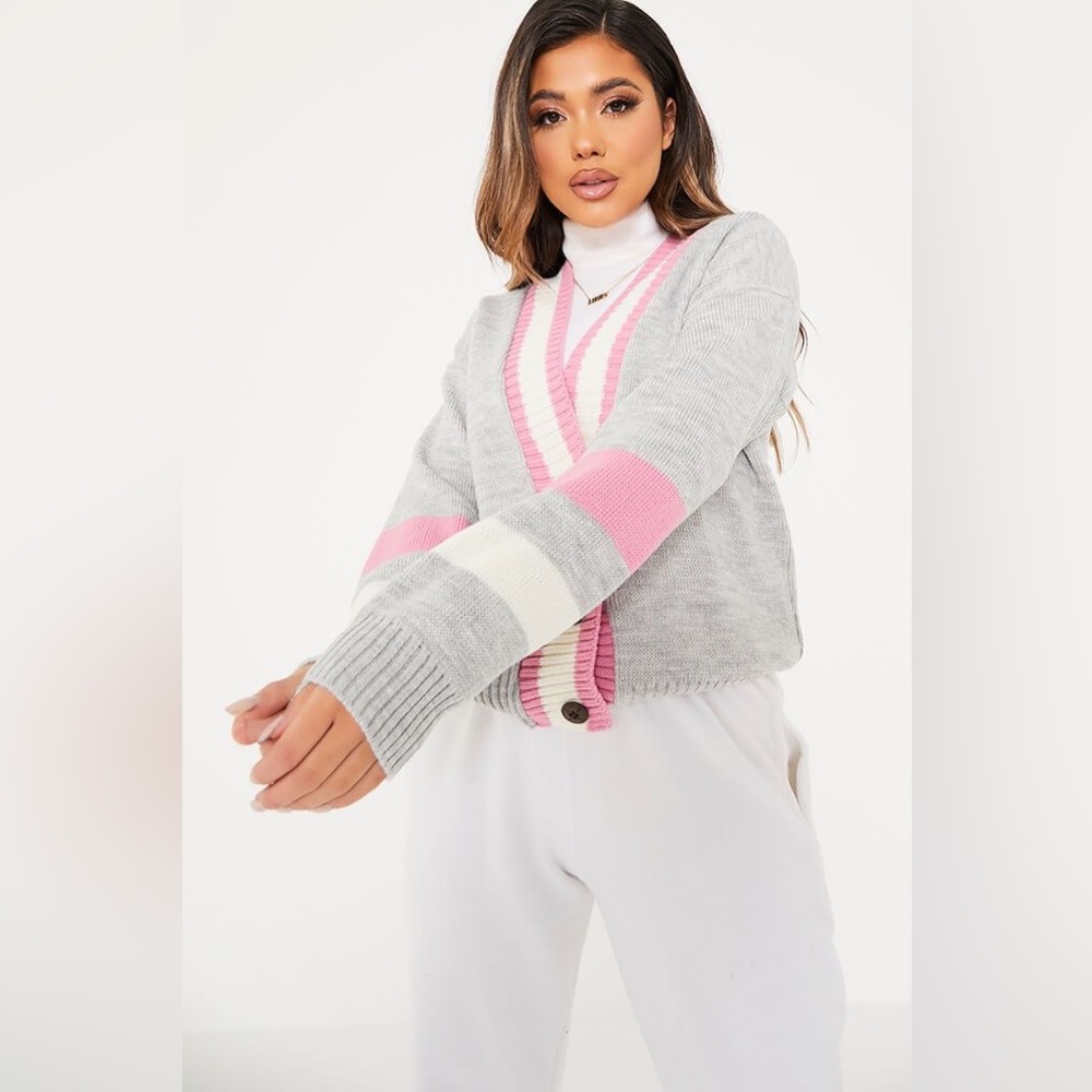 Grey Varsity Cardigan Sweater